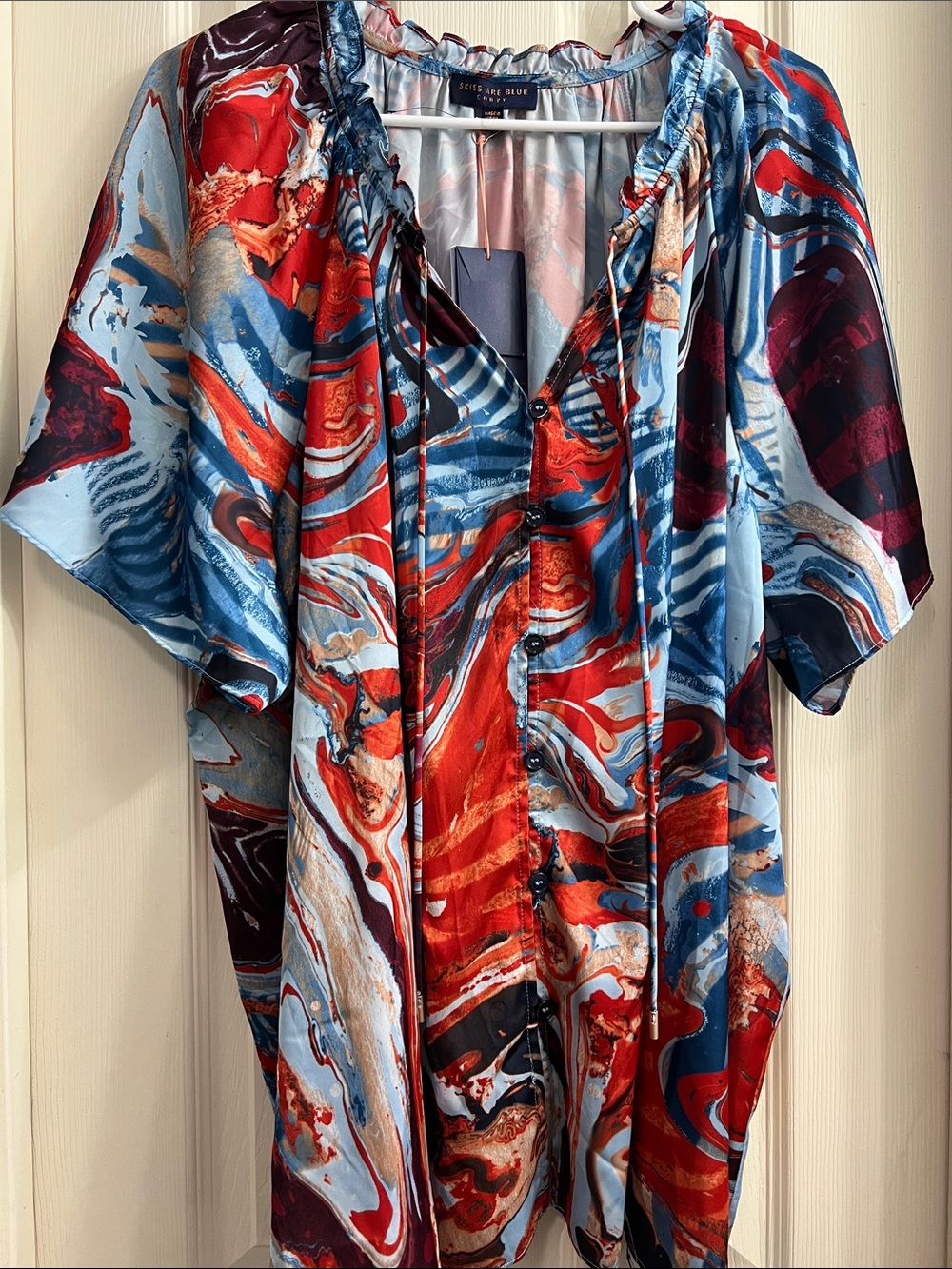 Skies Are Blue Marble-Print Button-Front Shirt in Red & Blue